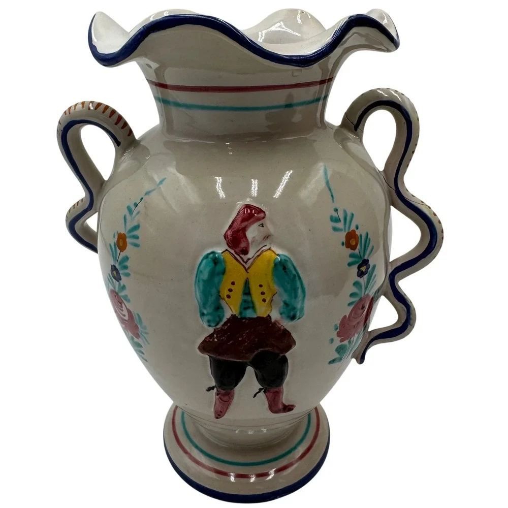 Vintage Italian Ceramic Vase Decor Hand Painted Folk Art Double Handle Italy